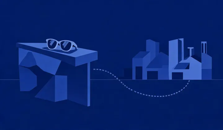 Illustration of a written mirrored sunglasses sourcing route, not a street map